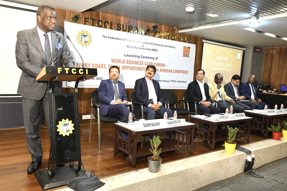 ChakrvarthiAVPS's tweet photo. His Excellency ambassador of Côte d'Ivoire Mr. Eric Camille N’dry along with his team visited @FTCCI and presented various bilateral business opportunities. Dr.Vishnu Vardhan Reddy IFS presented #telangana #happeninghyderabad #TSTPC @IvoryCoastWorld @AOuattara_PRCI @ACHIPatrick4 https://t.co/9rFTtdIAXS