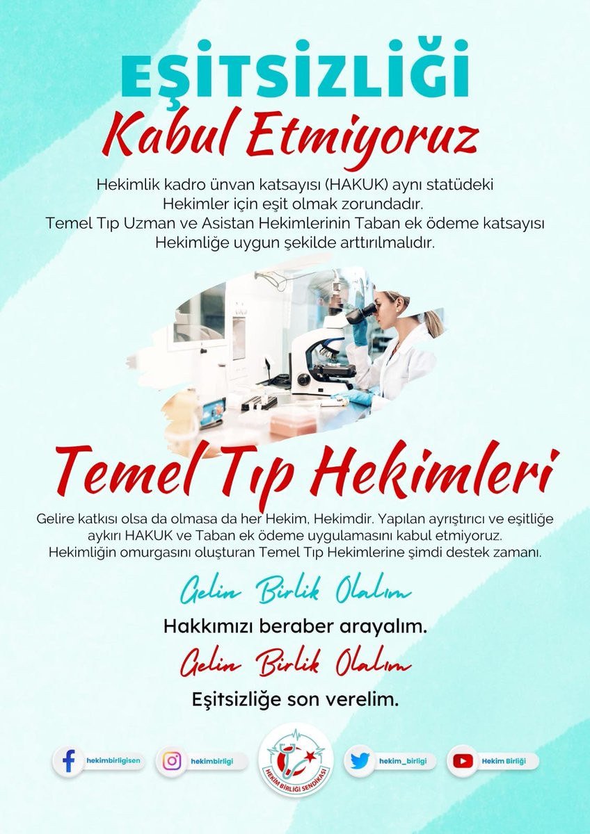 hekim_birligi's tweet photo. Hekimler arasında  ayrıma sebep olan  her türlü adaletsiz uygulamayı kabul etmiyor, @hekim_birligi olarak red ediyoruz #EşitsizliğiKabulEtmiyoruz https://t.co/bC8O8m0aAo