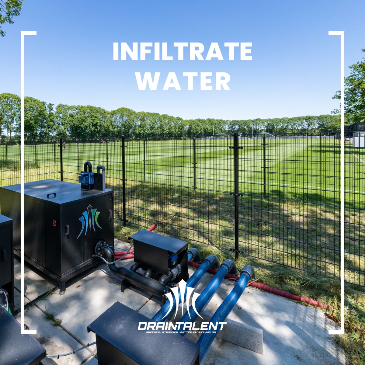 Drain_Talent's tweet photo. DrainTalent is the solution for sportsfields in the battle against extreme drought in Europe. 

DrainTalent infiltrates water in the soil close to the root system during drought while it collects water at high speed during rain. It allows the grass to grow and stay healthy. https://t.co/THzCNmmjNi