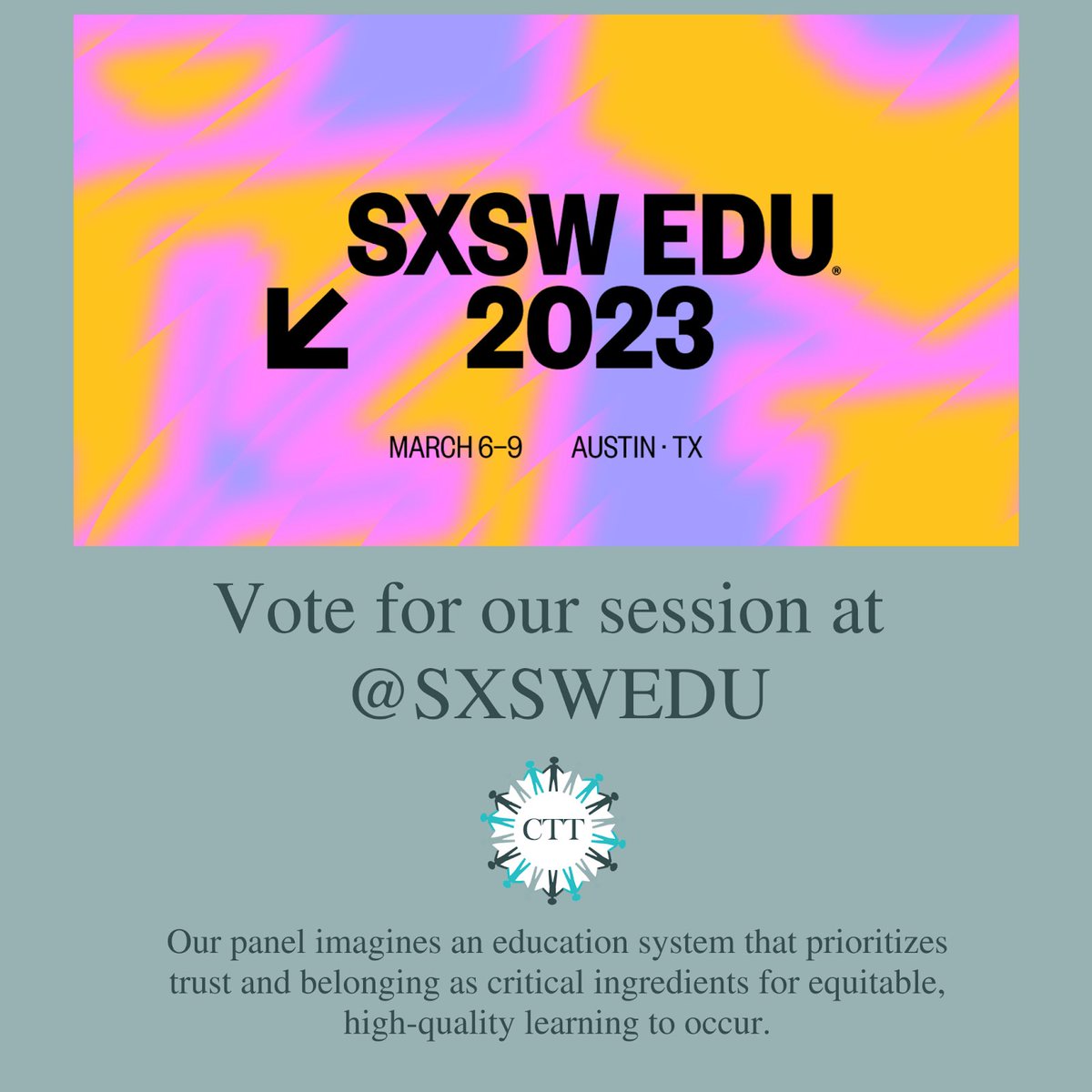 Only 3 days left to vote for our session at 
<a href="/SXSWEDU/">SXSW EDU</a> 2023!

This panel imagines an #education system that prioritizes trust and belonging as critical ingredients for equitable, high-quality learning to occur. ⬇️

panelpicker.sxsw.com/vote/123842 #SXSW #SXSW2023 #sxswpanelpicker