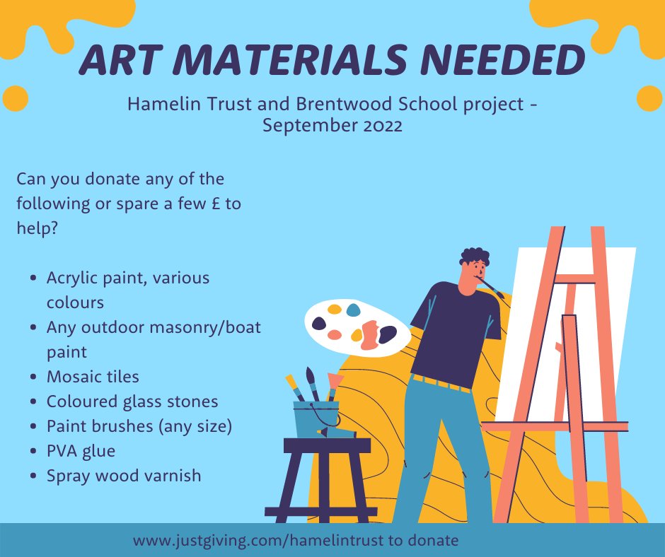 Can you help? Members of the Hamelin Community and students from <a href="/Brentwood_Sch/">Brentwood School</a> will be embarking upon a significant joint #art project from September and we need some materials!

Please contact us on enquiries@hamelintrust.org.uk if you can help. 

<a href="/Brentwood_VSA/">Brentwood School VSA</a> #charity #essex