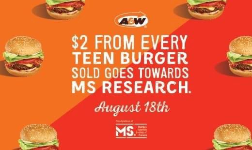 TODAY IS BURGER DAY!!!!! It is A&amp;W Burgers to Beat MS Day!!!
$2 from every Teen Burger will go towards MS research to hopefully one day find a cure.
This fundraising is so important and helps people like me!
Go get those Burgers today!! 🍔🍔🍔