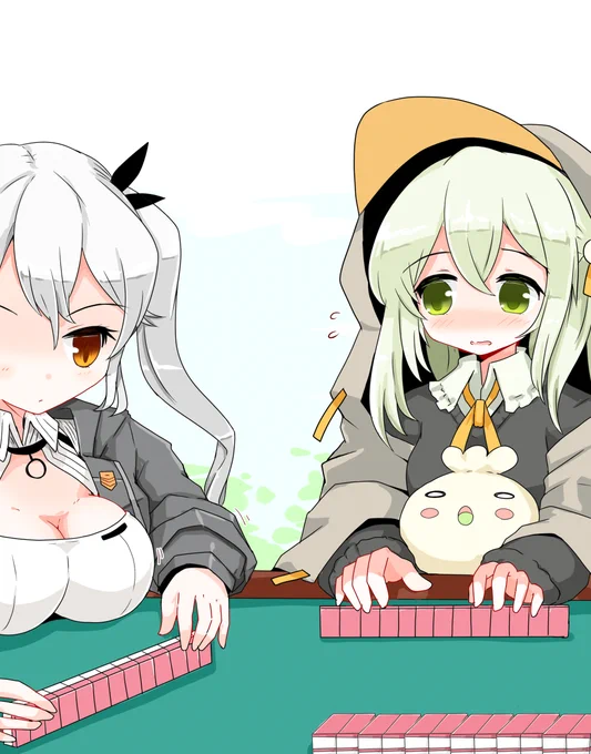 #姫麻雀 のログイン画面、雀卓に乳をのせるのはよくないな～～!!そんなんだから谷間規制されるんだよ～～!!!(関係ないって思ってたけど、よくよく考えると卓にパイを置くのは普通なのでは??#雀姫 