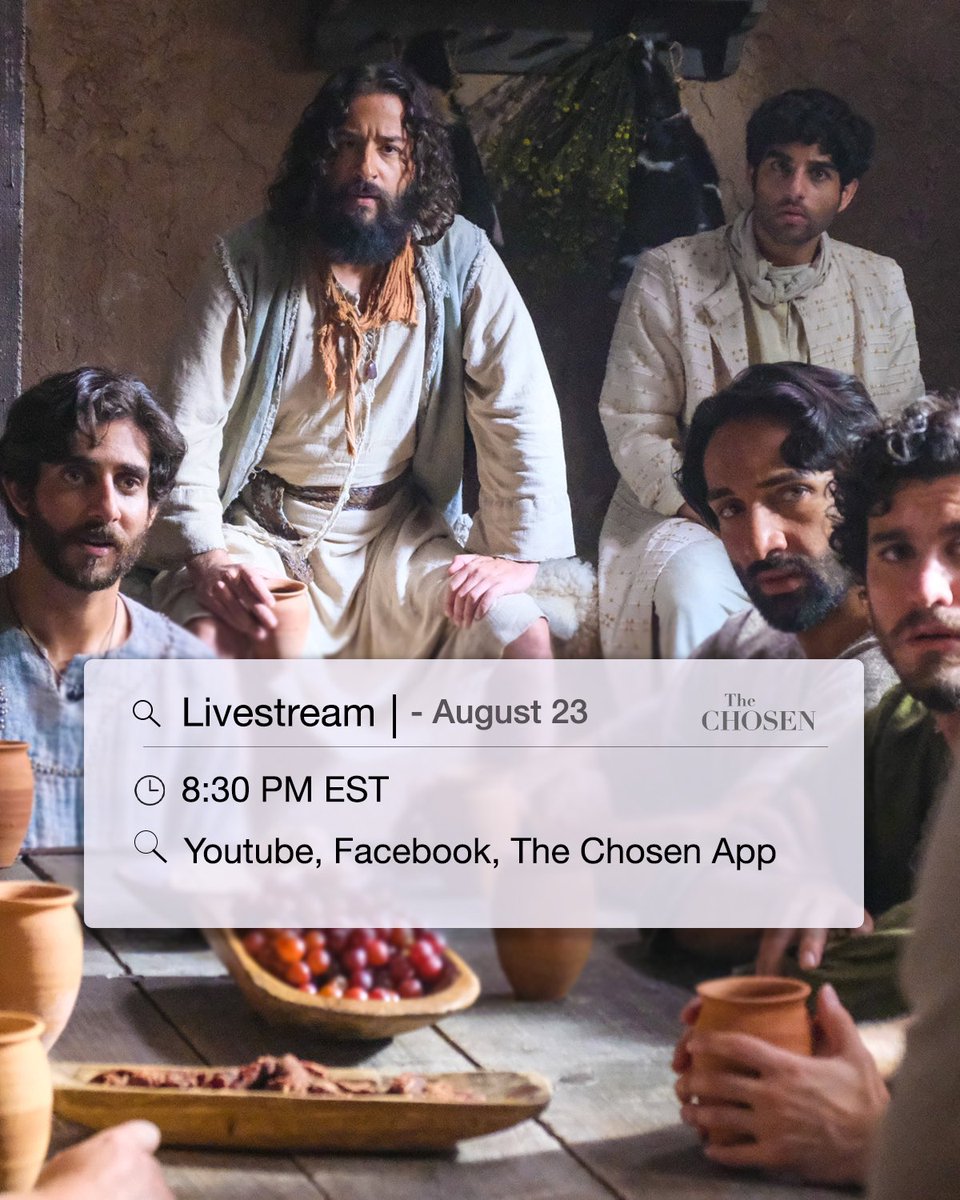 thechosentv's tweet photo. We’re back with another livestream for you, and yes, it’s going to include a brand new scene from Season 3!

Here’s what we’ve got for you from our new set TUESDAY, August 23, at 8:30 ET (check the comment thread below👇🏼): https://t.co/f2uJHrR0ET