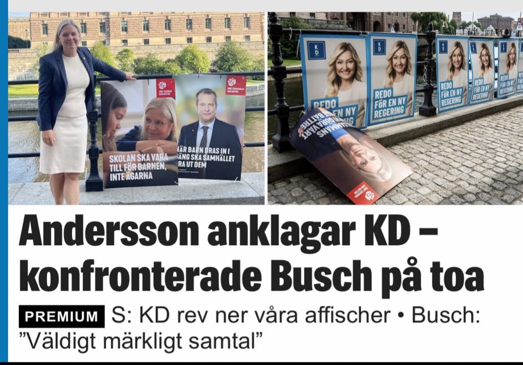 Jag var där när vi satte upp KD-affischer

1. Vi drog absolut inte ner några S affischer.

2. Varför skriker Maggan på andra partiledare inne på toaletter?