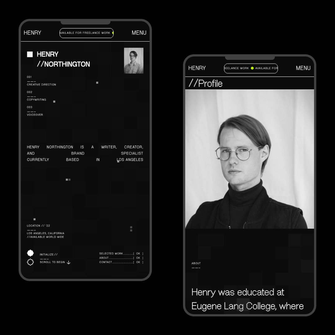 Mason_Is_Work's tweet photo. Mobile stills of the new portfolio site for Henry Northington. Writer, creator, and brand specialist.

https://t.co/F3BtCl7LPW https://t.co/wh5wavmK4f