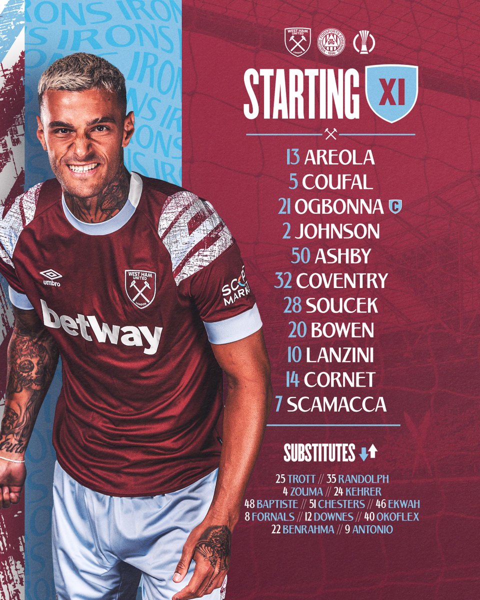 WestHam's tweet photo. Five of our summer signings are in the squad tonight 👊

Here's how we're lining up...

#UECL | #WHUVFF https://t.co/Udt98kyJP1