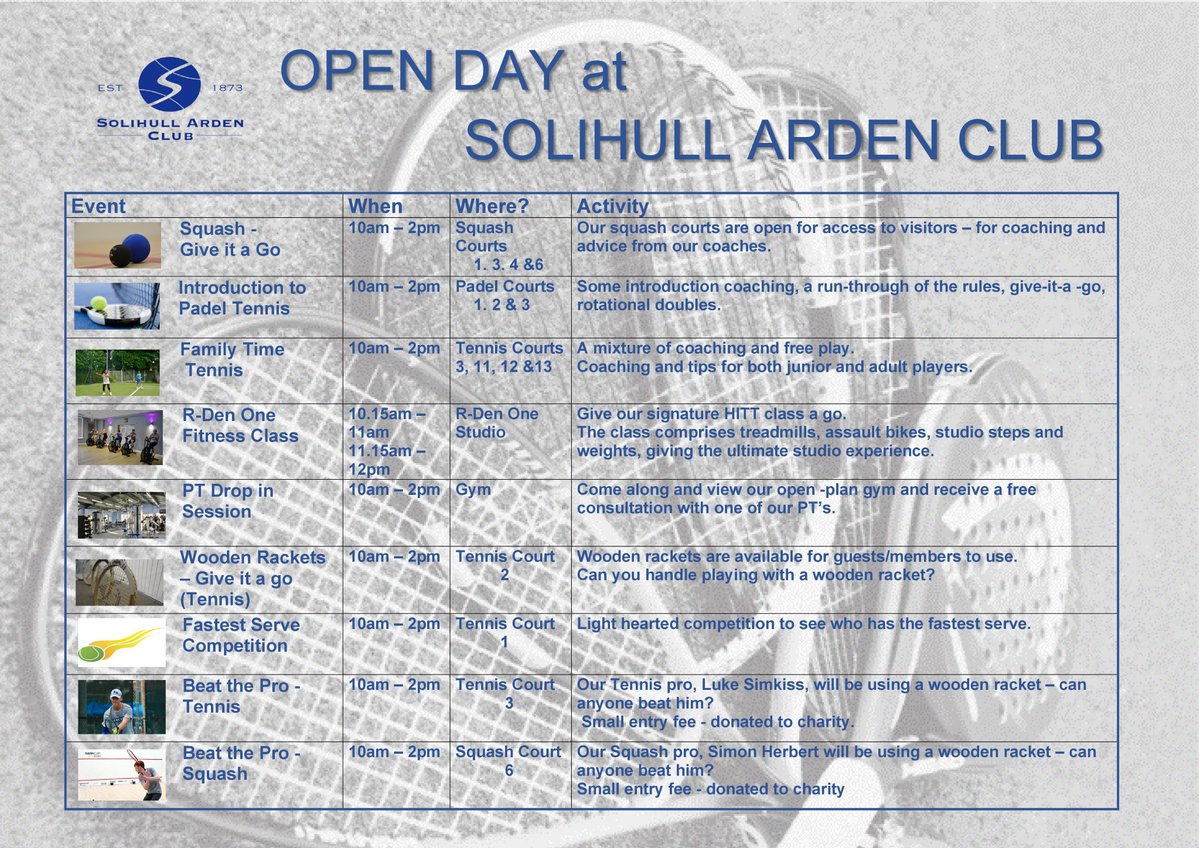 SOLIHULL ARDEN OPEN DAY
SATURDAY 20TH AUGUST 10AM-2PM 
All our activities will be free to try this Saturday
Call 0121 704 9451
or follow this link
clubspark.lta.org.uk/SolihullArdenC…
to book sessions.
Sessions will also be open to visitors on the day, but booking will secure a time.