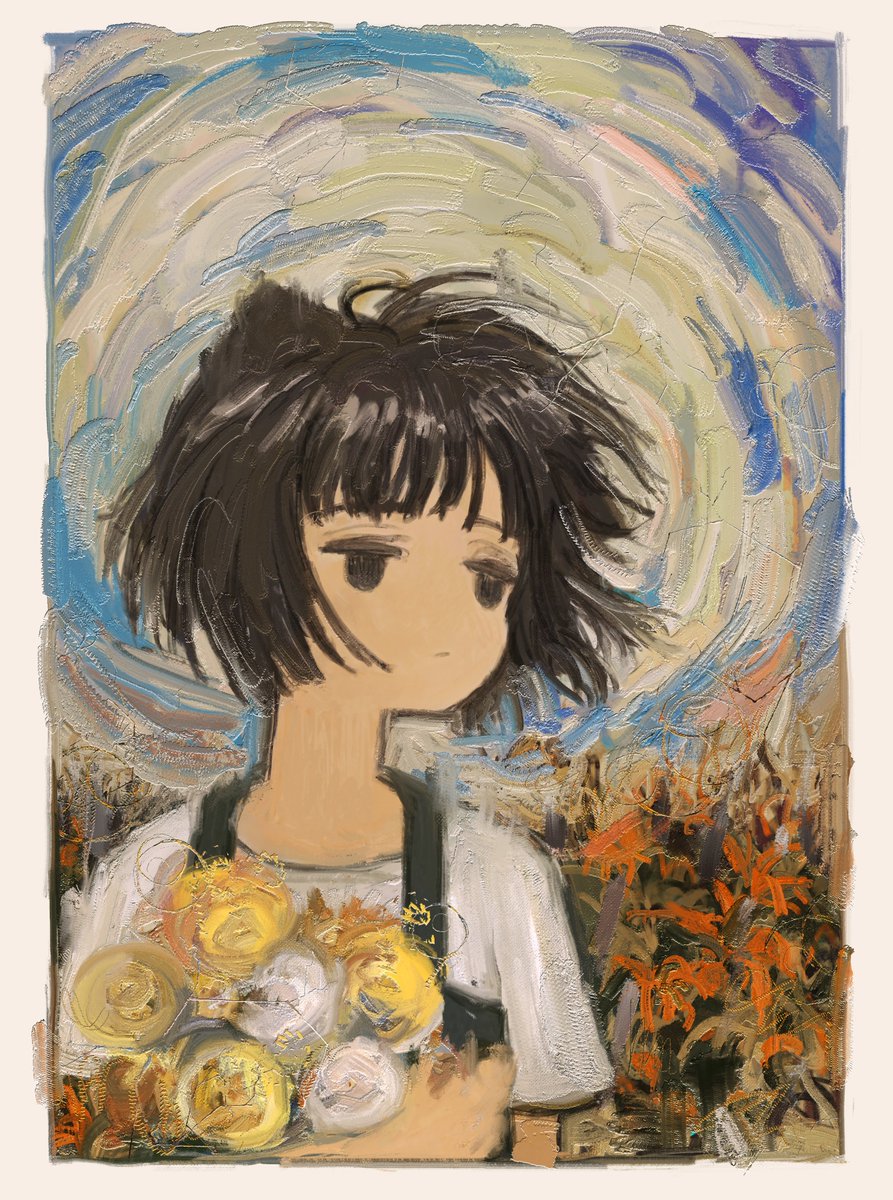 solo 1girl flower black hair short hair shirt white shirt  illustration images