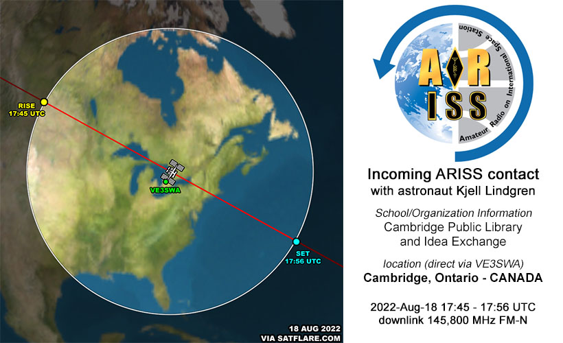 RikyUnreal's tweet photo. Incoming @ARISS_status
@NASA_Astronauts @astro_kjell will speak w/ students at Cambridge Public Library - CANADA🇨🇦
Partnership with Idea Exchange @IdeaXchng
Live stream: https://t.co/EyZcecqPXt
Direct via VE3SWA
18 Aug 2022 - 17:45UTC
downlink 145,800 MHz FM-N over Eastern CAN&amp;US https://t.co/WD0N2JYdUn