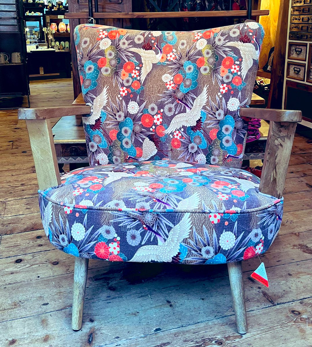 Product of the month 😎:  our gorgeous flying crane cotton velvet armchair, fair trade and handcrafted in India , comes with matching footstool 😀 It is inspired by the two lovely cranes we saw on the river Stour bank when we went kayaking in Wimborne #dorsethour