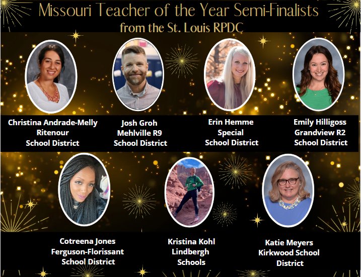 Congratulations to the seven teachers from the <a href="/StLouisRPDC/">St. Louis RPDC</a> who are now Semi-Finalists for <a href="/MOEducation/">Missouri DESE</a> 2023 State Teacher of the Year! <a href="/RitenourSchools/">Ritenour Schools</a> <a href="/MehlvilleSD/">Mehlville School District</a> <a href="/SSDStLCo/">Special School District of St. Louis County</a> <a href="/Grandviewr2/">Grandview R-II</a> <a href="/FergFlorSchools/">Ferguson-Florissant</a> <a href="/LindberghFlyers/">Lindbergh Schools</a> <a href="/kwoodschools/">Kirkwood School Dist</a> <a href="/EducPlus/">EducationPlus</a>