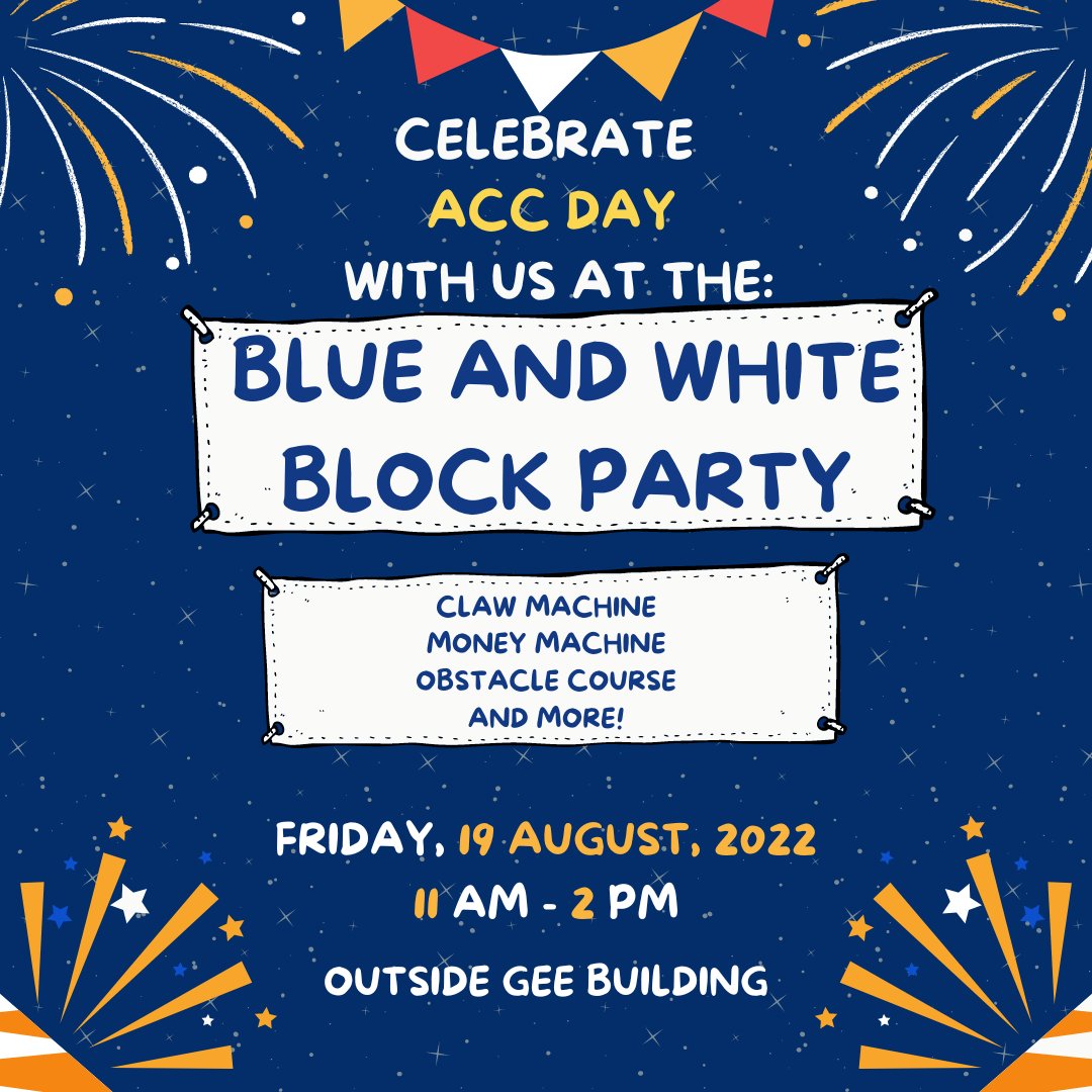 AlamanceCC's tweet photo. Tomorrow, Friday August 19 is ACC DAY! Come celebrate with us at the Blue & White Block Party. There will be a claw machine, money machine, obstacle course, and more from 11am to 2pm outside Gee Building!
#YourFutureStartsHere #BlockParty #WelcomeStudents #SGA #ACCDay https://t.co/SS3PdW93r2