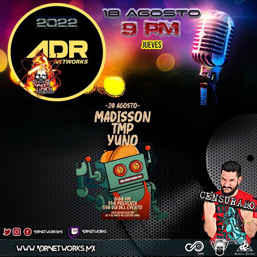 nakedlunchgr's tweet photo. Jueves 18 de Agosto #9pm a través de @adrnetworksmx #Programa25 un programa bien #bga, en cabina y totalmente en vivo nuestros hermanos de @Madissonpunch @TMPOficial y #YUNO (9 pm) por las redes de #ADR #Programon #stayfkntuned #testamosintonizando las plataformas de #ADRNetworks https://t.co/IMULgjViyM