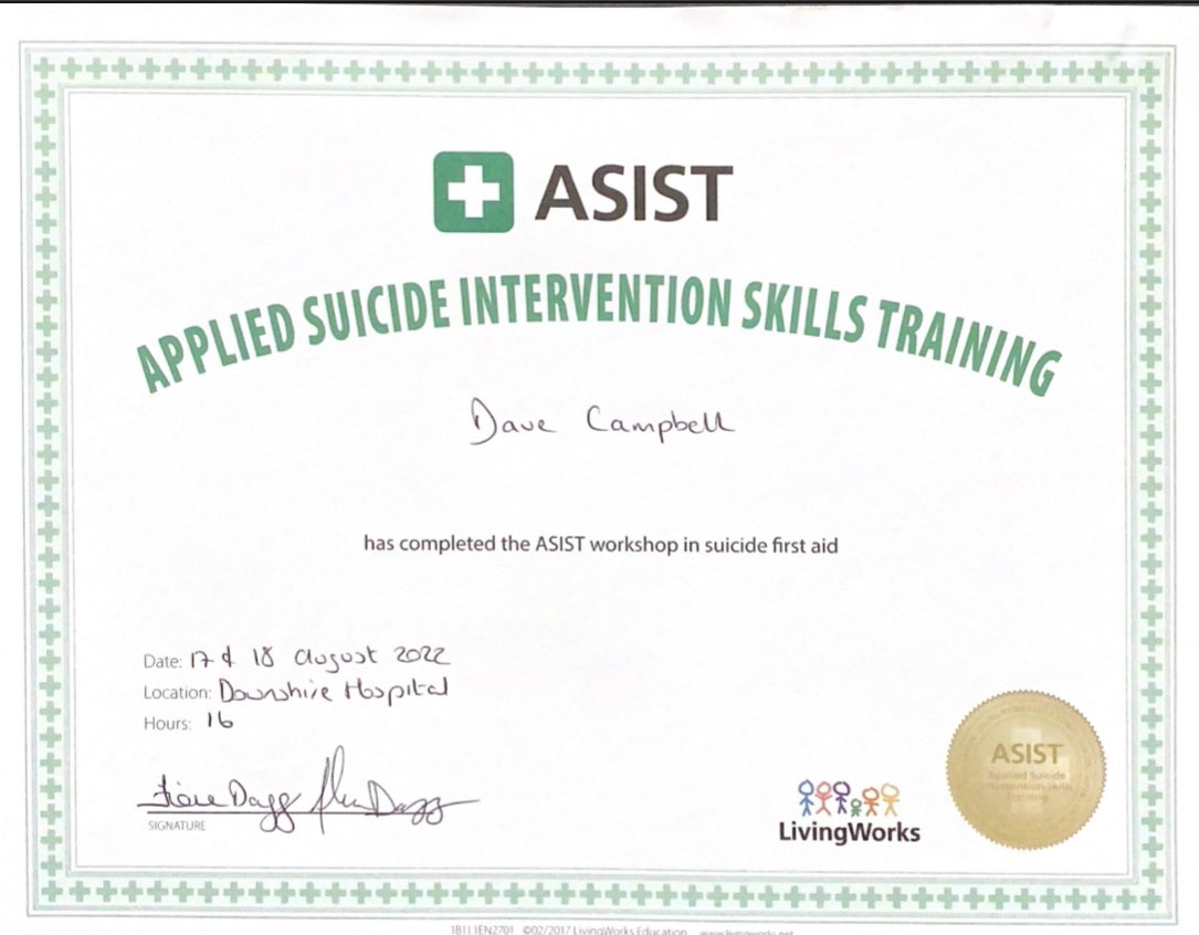 Davedee109's tweet photo. Just completed. #SuicidePrevention #fullytrained #Mindset #headspace #ASIST @livingworks https://t.co/VnirmfY3rA