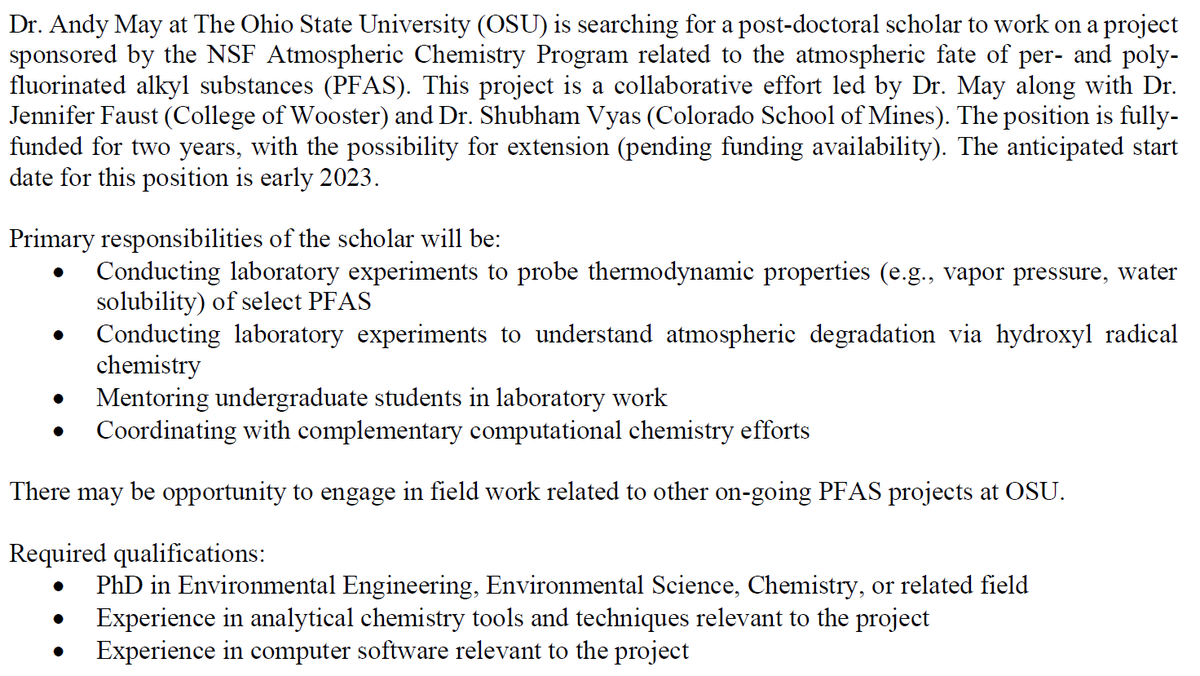 I am looking to hire a post-doc to work on a project related to physicochemical properties affecting the atmospheric fate of PFAS. Brief info in the screenshot; full document at the link.

cpb-us-w2.wpmucdn.com/u.osu.edu/dist…