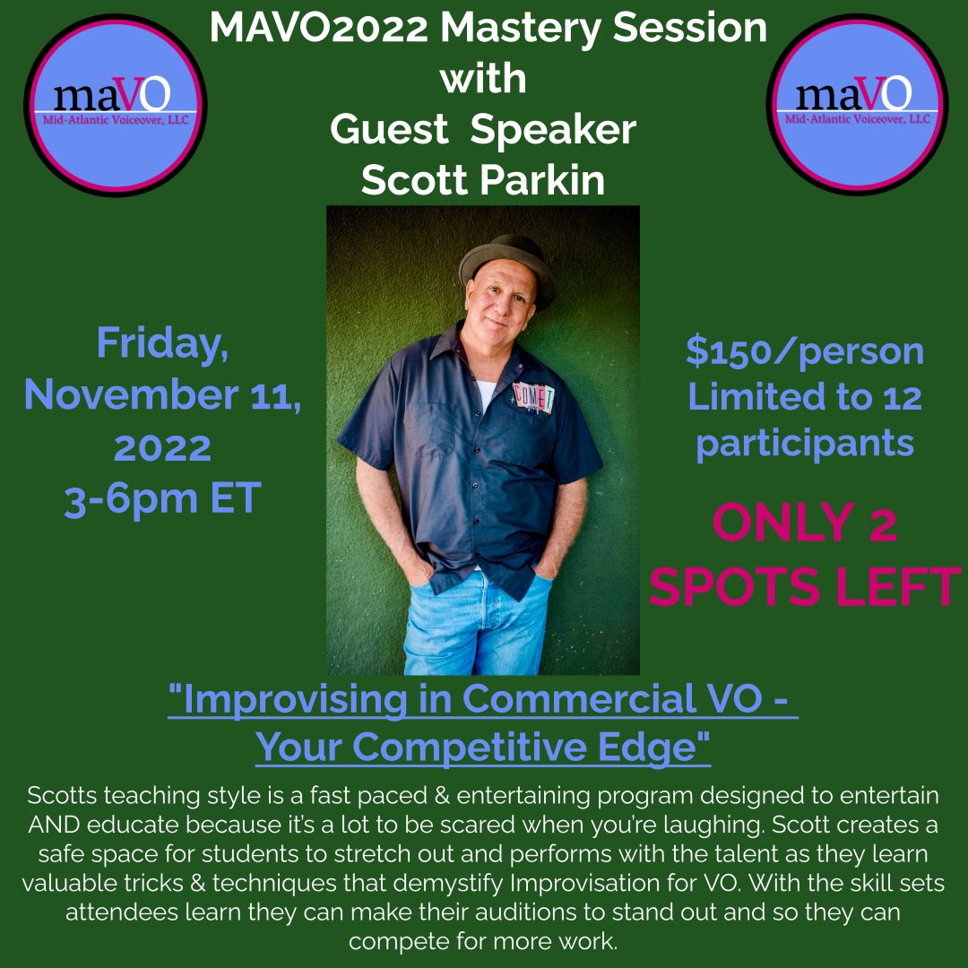 Midatlanticvo's tweet photo. https://t.co/lB3NUFAqSz
Only 2 Spots left for this great #MAVO #MasterySession with Scott Parkin!!! Get to it guys!!! Grab your tickets now!!! 🥳 #improv #vo #voiceacting https://t.co/ONxrXrLg31