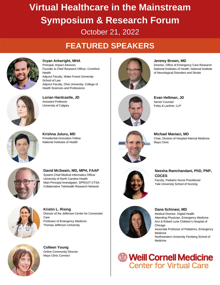 I am excited to announce the scheduled speakers for the 5th Annual Virtual Healthcare in the Mainstream Symposium and Research Forum, hosted by the Center for Virtual Care (<a href="/WCMVirtualCare/">Weill Cornell Medicine Center for Virtual Care</a>)  <a href="/WeillCornell/">Weill Cornell Medicine</a>.  Join us on October 21, 2022 

Visit our website: lnkd.in/diMhByhR
