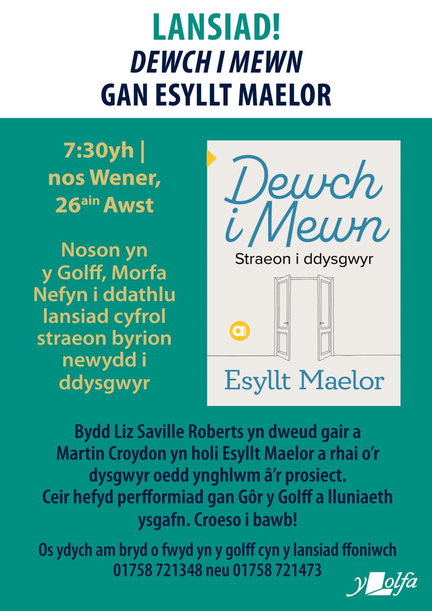 YLolfa's tweet photo. *Lansiad ar y gweill*

'Dewch i Mewn', @esylltmaelor - cyfrol newydd o straeon byrion i ddysgwyr. 

Bydd @LSRPlaid yn dweud gair, a Martin Croydon yn holi Esyllt ac ambell siaradwr Cymraeg newydd.

Clwb Golff Nefyn | 26ain Awst | 7:30yh 

A bydd @RobinGruffudd a chôr yno'n canu! https://t.co/coD2ZxeAIl