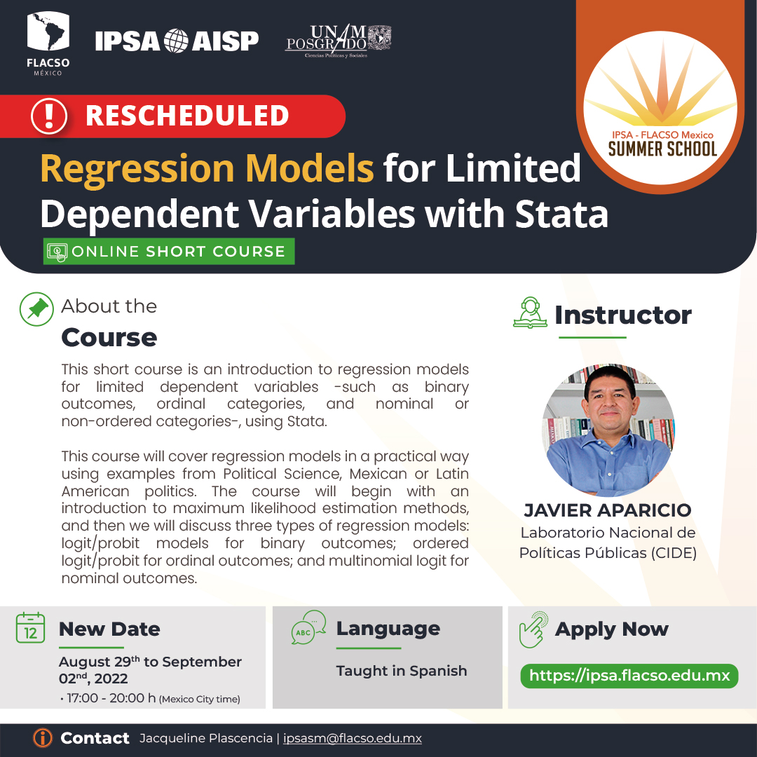 FlacsoMx's tweet image. #Importante ➡️ El curso #RegressionModels for Limited Dependent Variables with Stata que impartirá @javieraparicio cambia de fecha para que puedas reservar tu lugar.

🗓️Inicia: 29 agosto

🖥️#EnLínea
💬Español
ℹ️bit.ly/3AfEgce

#InscríbeteAhora 👉 bit.ly/324eczo