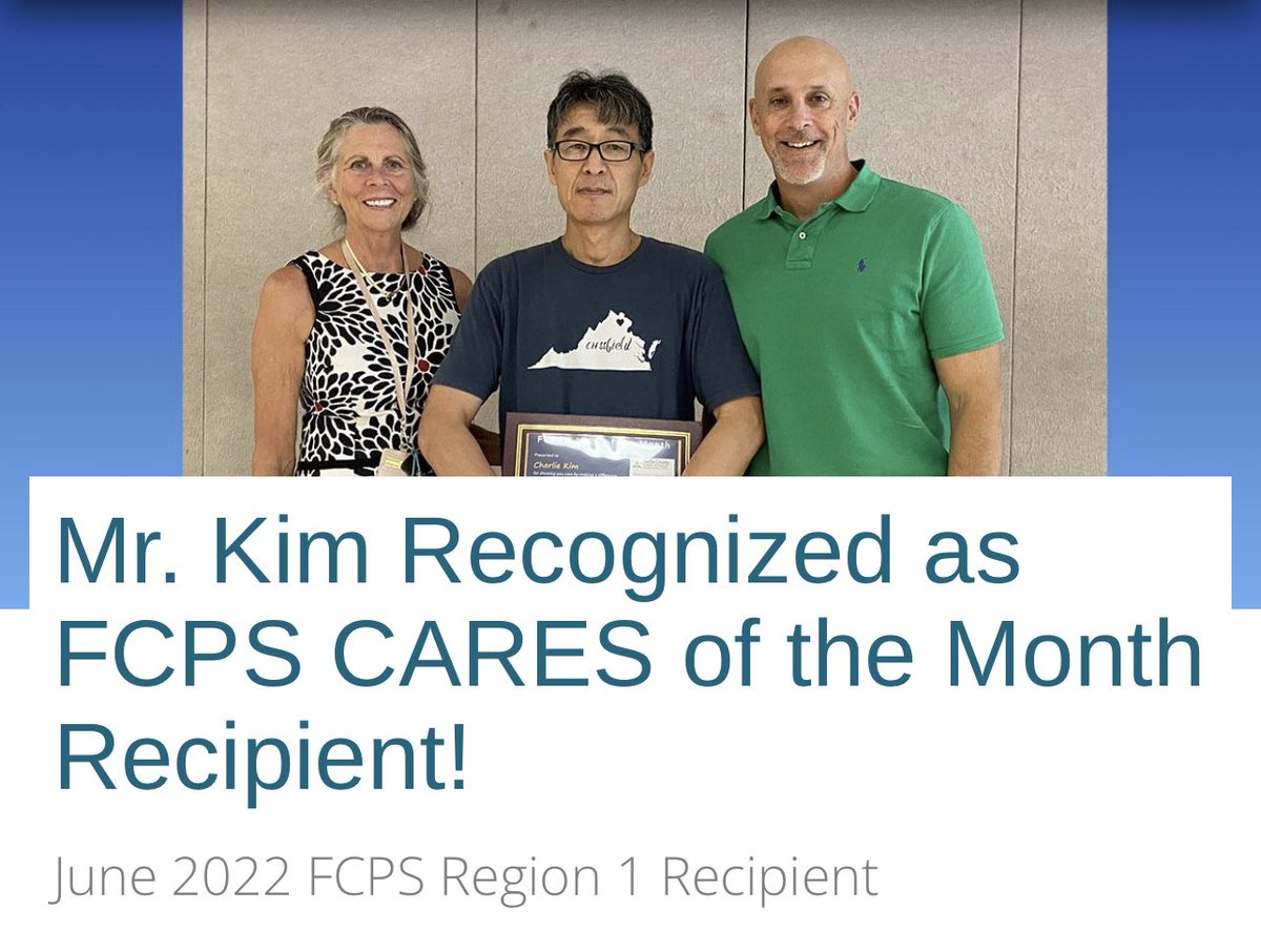 HR_FCPS's tweet photo. Congratulations to Charlie Kim at @CrossfieldES for receiving the @FCPSRegion1 CARES of the Month for June 2022! @fcpsnews #FCPSCARES
https://t.co/wEZc3HjhDy https://t.co/kYmKMrdr7B