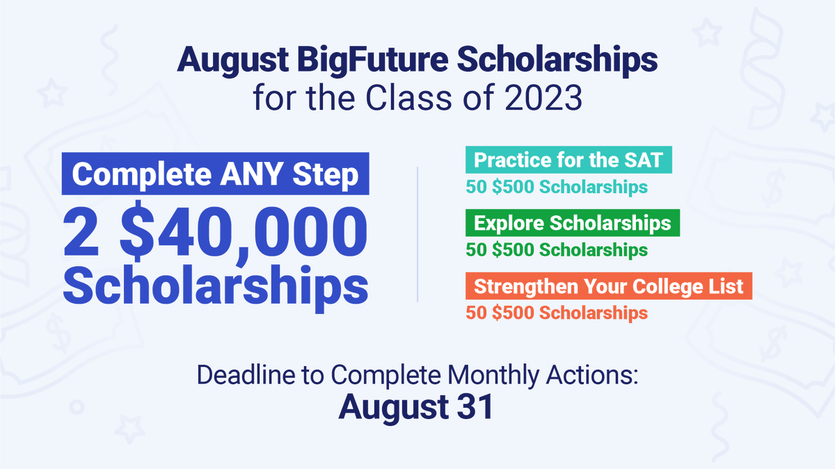#Classof2023: You can qualify for $40,000 and $500 #BigFutureScholarships this month by taking these simple college planning steps!

🔗 spr.ly/6011MBs8z