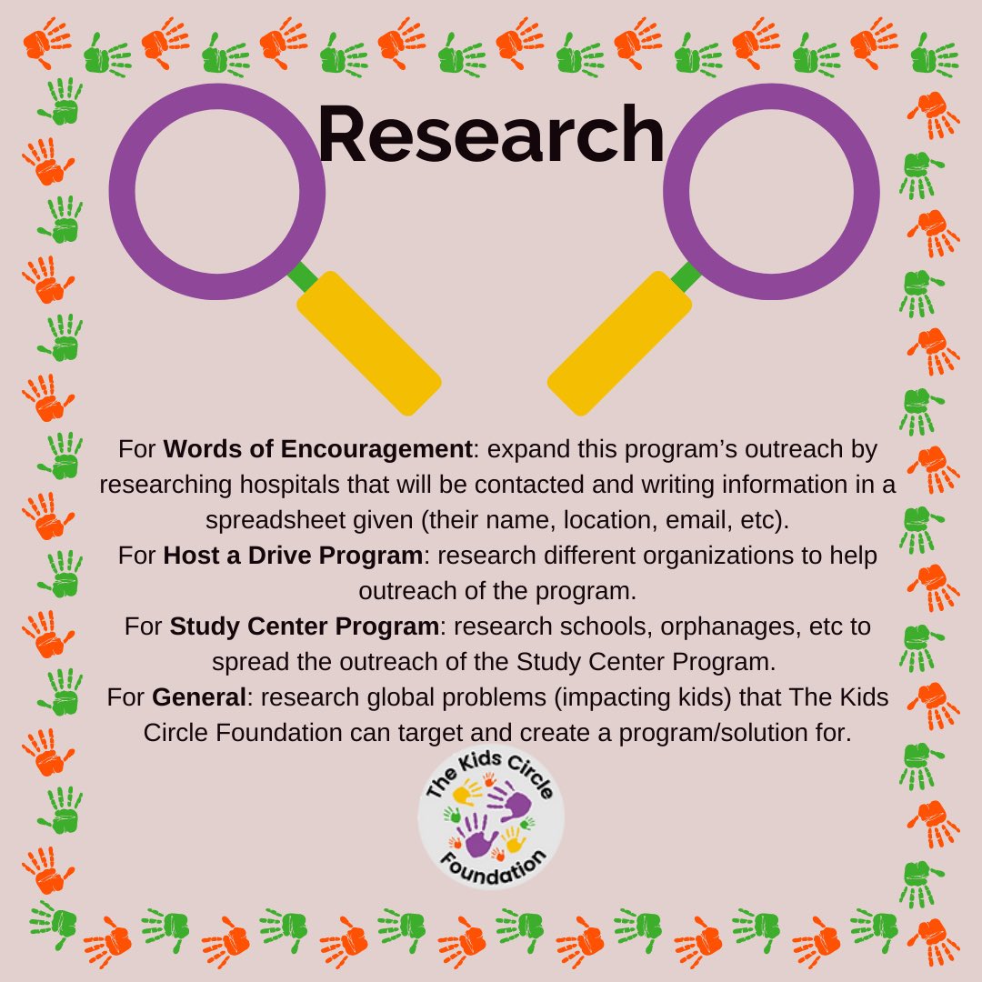 Do you have a knack for research? 🔬 
Would you like to use your research skills to help children across the globe? 🌍 

If the answer is yes, <a href="/TheKidsCircleF1/">The Kids Circle Foundation</a> invites you to join as a research volunteer ✨

To register as a volunteer, visit thekidscirclefoundation.org 🔗