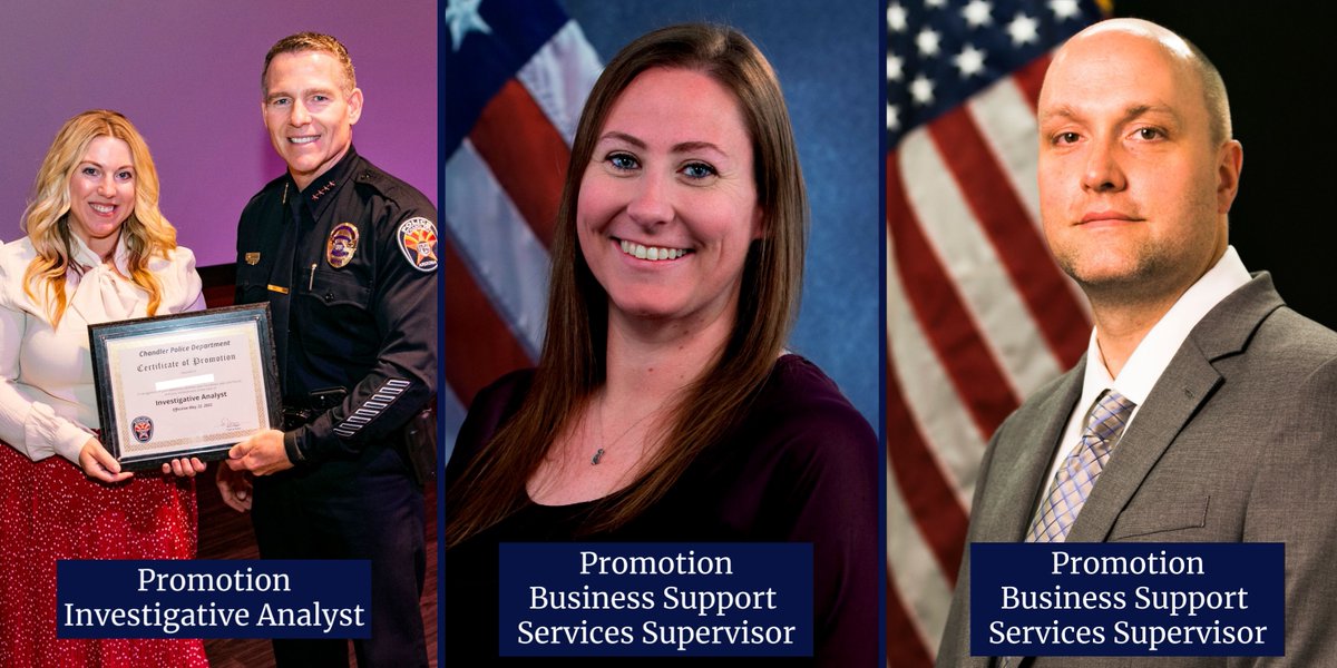 ChandlerPolice's tweet photo. Join us in congratulating Ashley, Cynthia, &amp; Donald who were recently promoted during last week's August Spotlight Award &amp; Promotional Ceremony. #ChandlerPD #ChandlerAz #Community #PathForward @cityofchandler https://t.co/gTEtmsJZS2