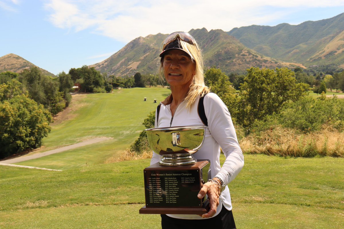 UtahGolfAssn's tweet photo. With a 1up win over Melanie Christensen, Annette Gaiotti celebrated her 7th Utah Women’s Senior State Amateur title today at Bonneville GC. #utahgolf https://t.co/SYY8bU0EVy
