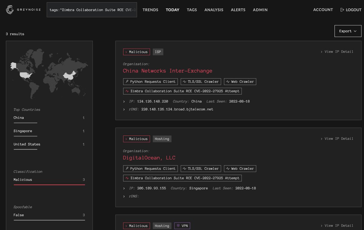Andrew___Morris's tweet image. Zimbra CVE-2022-27925 just started being exploited in the wild, via @GreyNoiseIO 👀 

Tags and dynamic block lists available now

viz.greynoise.io/tag/zimbra-col…