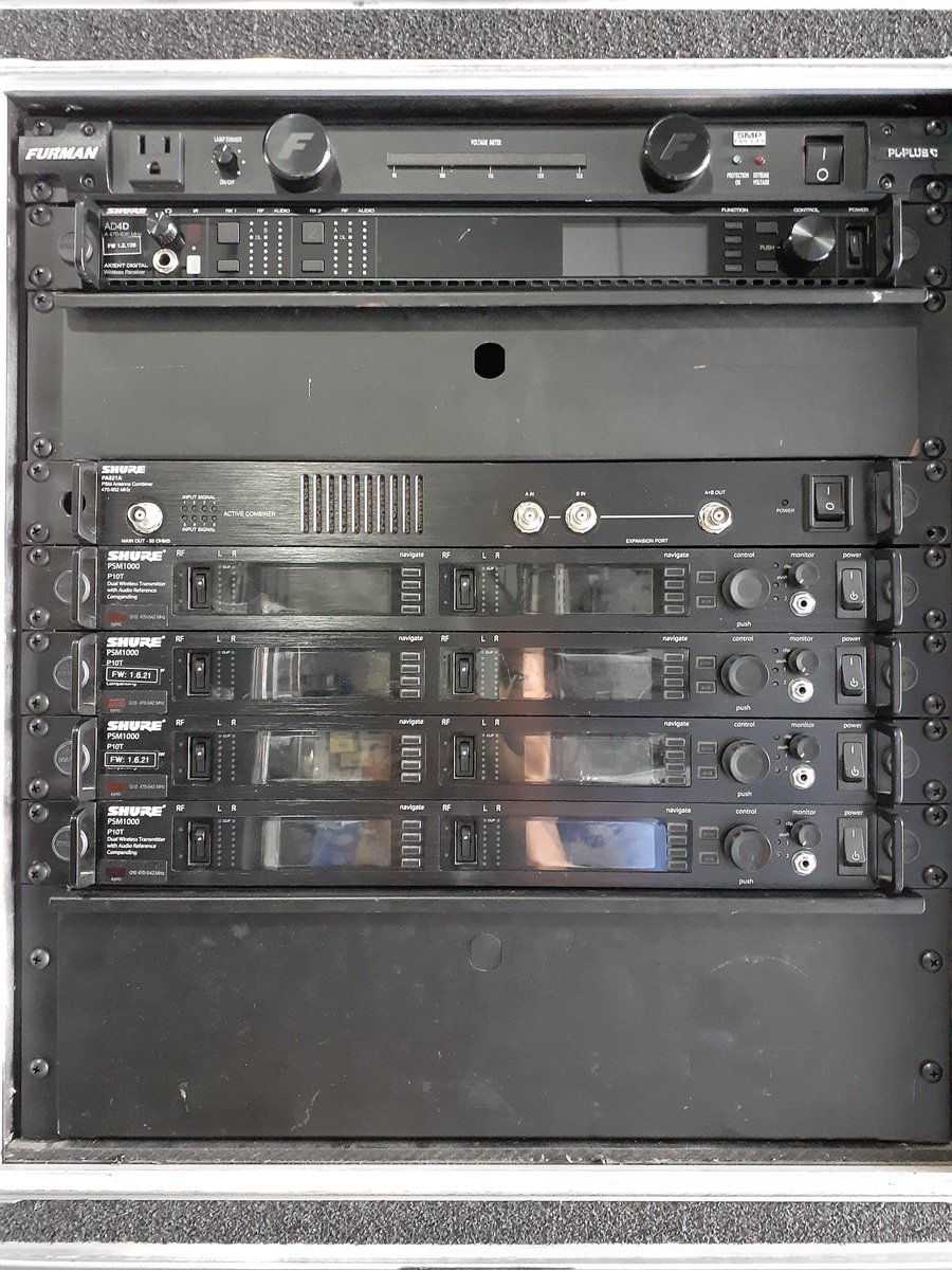 Genisis98's tweet photo. Just finished prepping and testing this wireless microphone / in-ear monitor rack for @MickeyGuyton rehearsals! #soundimage #audio #sound #black #poc #engineers #rf #iem #blackengineers #music https://t.co/BJrDnEjA9v