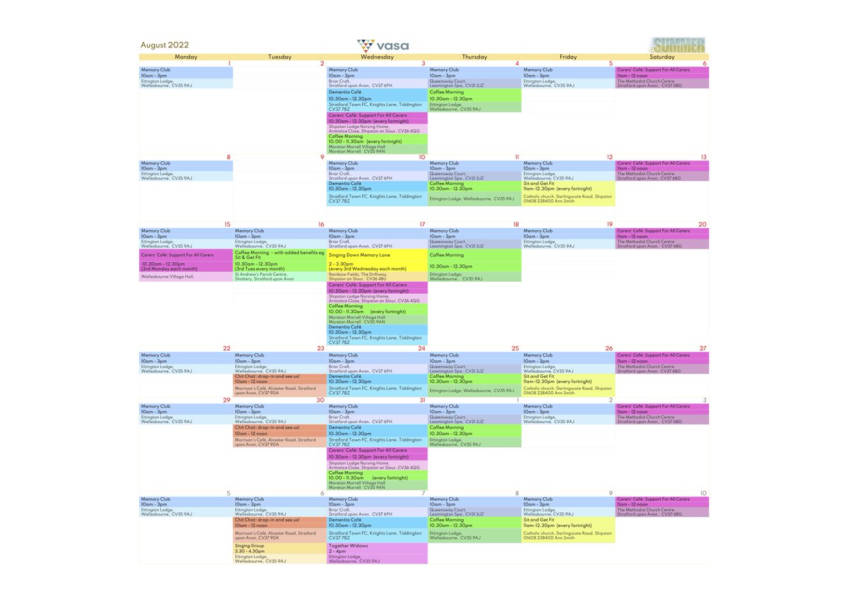 vasaorg's tweet photo. August is a great time of year and we're celebrating the summer☀️with some new clubs and activities 🙌 in @StratforduponAvon, @Wellesbourne, @Shottery. 
We have some spaces left so why not join us 👍

Contact Janis to find out more 👉janis@vasa.org.uk or 01789 777986
#VASAcharity https://t.co/lKq7dTqg82