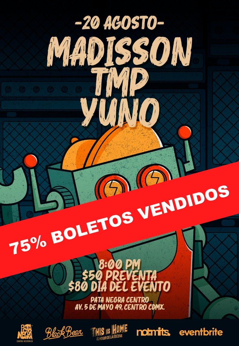 Estamos a punto de hacer SOLD OUT! Nos vemos este sábado en Salón Pata Negra junto a nuestros bros de TMP y YUNO que estará brutal, traemos show nuevo y algunas sorpresas. ¡ÚLTIMOS BOLETOS!
🎟 madisson-tmp-yuno.eventbrite.com.mx
📆 20 de agosto, 8pm.
📍Pata Negra Centro