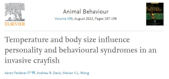 AnimBehSociety's tweet image. &quot;Invasive Cherax destructor exhibited personality along three behavioural axes&quot;
Aaron Ferderer, Andrew R. Davis and Marian Y. L. Wong have shown that #Bodysize was negatively correlated with both active and #exploratorybehaviour in an #invasivecrayfish

sciencedirect.com/science/articl…