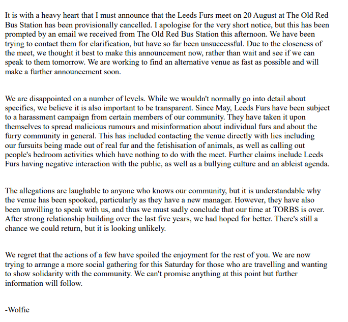 LeedsFurs's tweet photo. Leeds meet for the 20th August - Provisionally Canceled.

Please find attached announcement, more to follow - Wolfie https://t.co/CtPbx2cmsW
