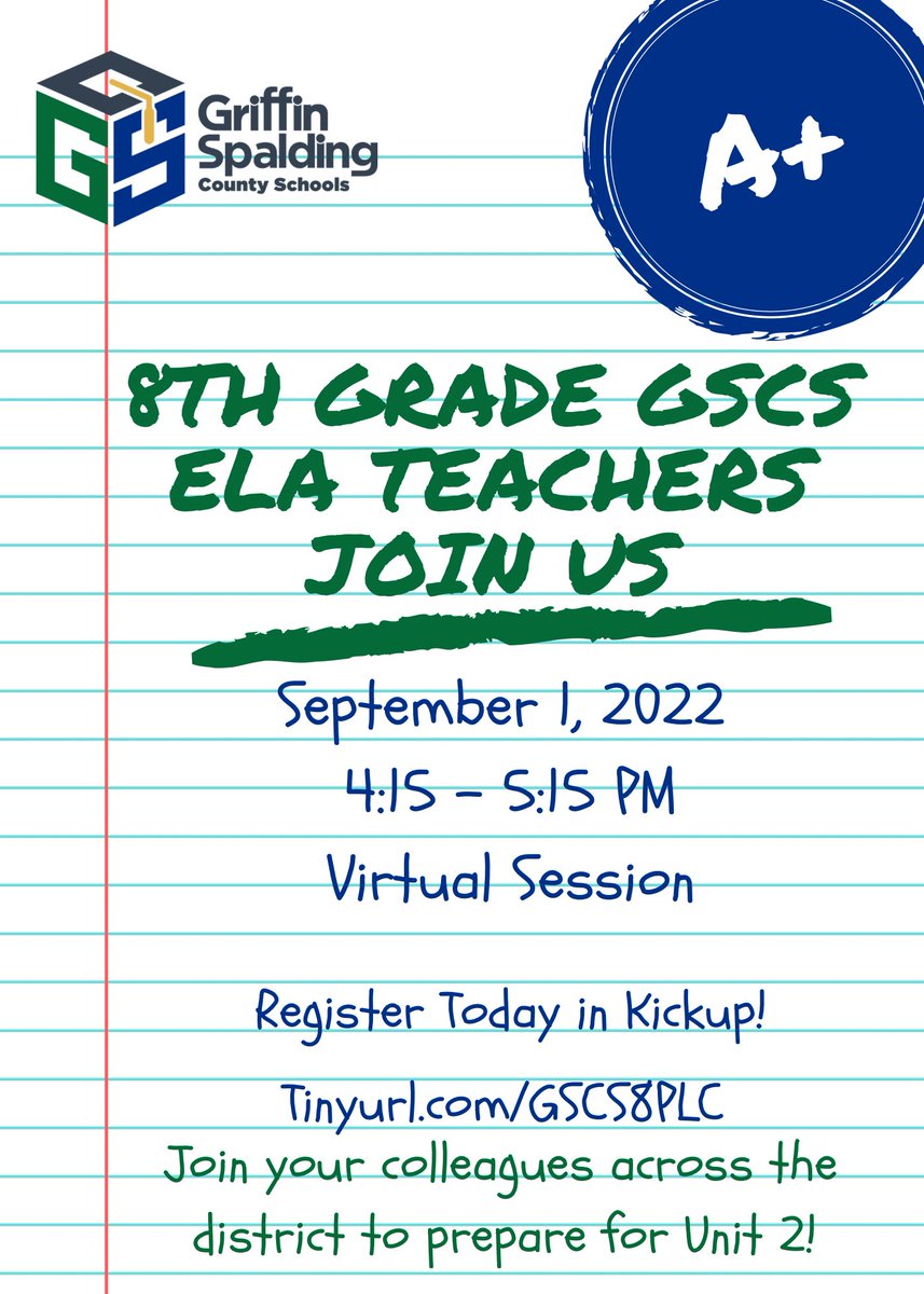 🚨8th Grade <a href="/GriffinSpalding/">Griffin-Spalding K12</a> Teachers🚨
You are invited to attend our upcoming district PLC! Please register on Kickup @ Tinyurl.com/GSCS8PLC <a href="/CarverRoadMS/">Carver Road Middle</a> <a href="/cowanroad1/">Cowan Road Middle</a> <a href="/KennedyRoadMS/">Kennedy Road Middle</a> <a href="/RehobothRoad/">Rehoboth Road Middle</a>