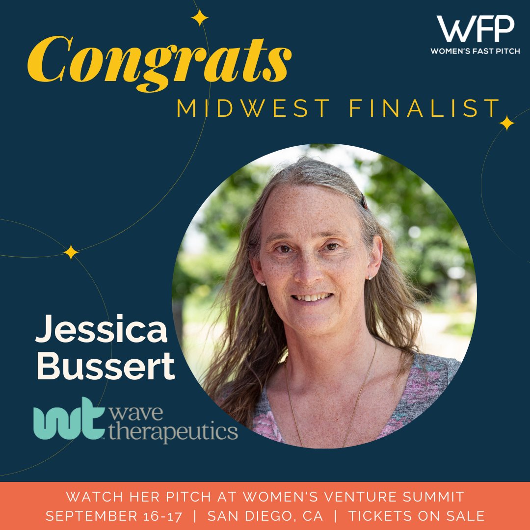 And the Midwest #WFP2022 Finalist is🥁🥁🥁 <a href="/BussertJessica/">Jessica Bussert</a>, CEO of <a href="/wave4health/">wave therapeutics</a>. See her pitch and connect with her at #WVS2022.

Tickets here: bit.ly/WVS2022

#StellaAngels #womensventuresummit #investinginwomen #womeninbusiness #femalefounders