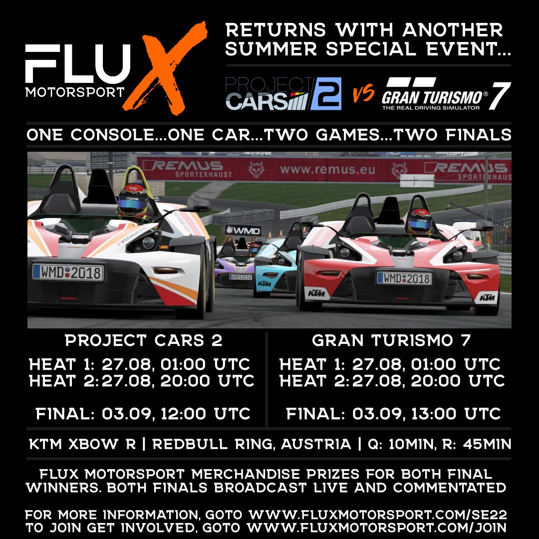 We’re back, and to celebrate we’ve not opened entries to our latest Special Prize Event!

To join in the action be sure to join our discord at fluxmotorsport.com/join and get your race licence.

#Simracing #racing #motorsport #PS4 #PS5 #discord #Granturismo7 #Projectcars2