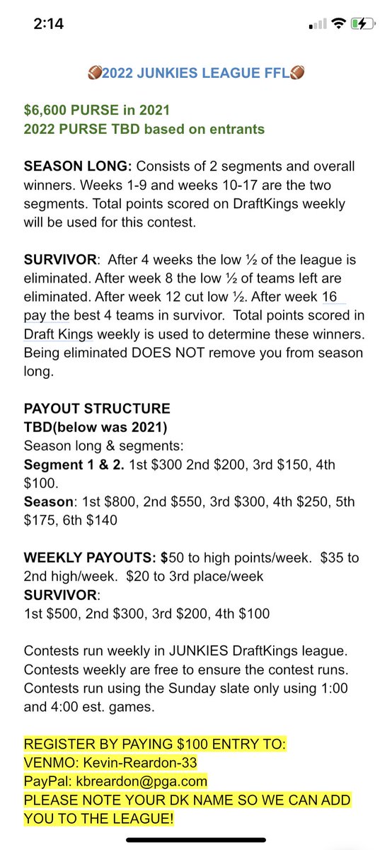 JunkiesContests's tweet photo. 🏈2022 JUNKIES LEAGUE FFL🏈

With 🏌🏼 nearly over it’s time to start gearing up for 🏈. We’ll be back for 2022…Same as last year, here are the details: https://t.co/ZatYPyX7fQ