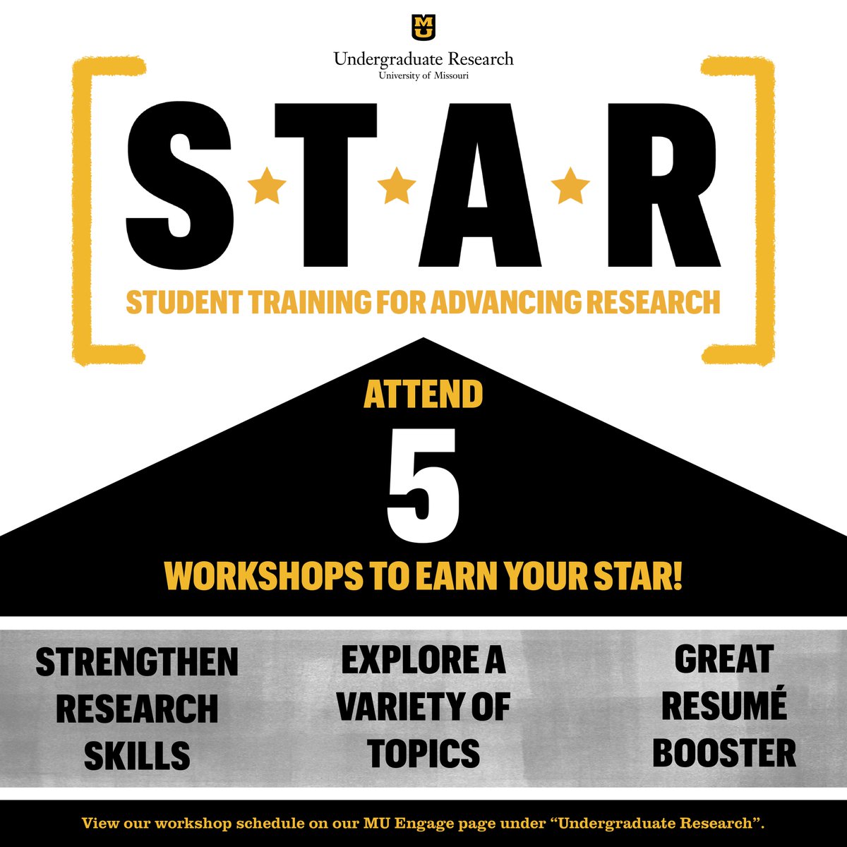 MU Undergraduate Research (@ugradresearchmu) on Twitter photo Students! Start your progress towards earning your STAR! The STAR program is designed to help students prepare for research before entering a lab by attending 5 of our workshops. tinyurl.com/UGRSTAR
<a href="/MizzouBioMed/">MizzouBioMed</a> @MizzouSHP <a href="/mizzouengineer/">Mizzou Engineering</a> <a href="/MizzouPoliSci/">Mizzou Poli Sci</a> <a href="/MizzouResearch/">Mizzou Research</a> Students! Start your progress towards earning your STAR! The STAR program is designed to help students prepare for research before entering a lab by attending 5 of our workshops. tinyurl.com/UGRSTAR
<a href="/MizzouBioMed/">MizzouBioMed</a> @MizzouSHP <a href="/mizzouengineer/">Mizzou Engineering</a> <a href="/MizzouPoliSci/">Mizzou Poli Sci</a> <a href="/MizzouResearch/">Mizzou Research</a>