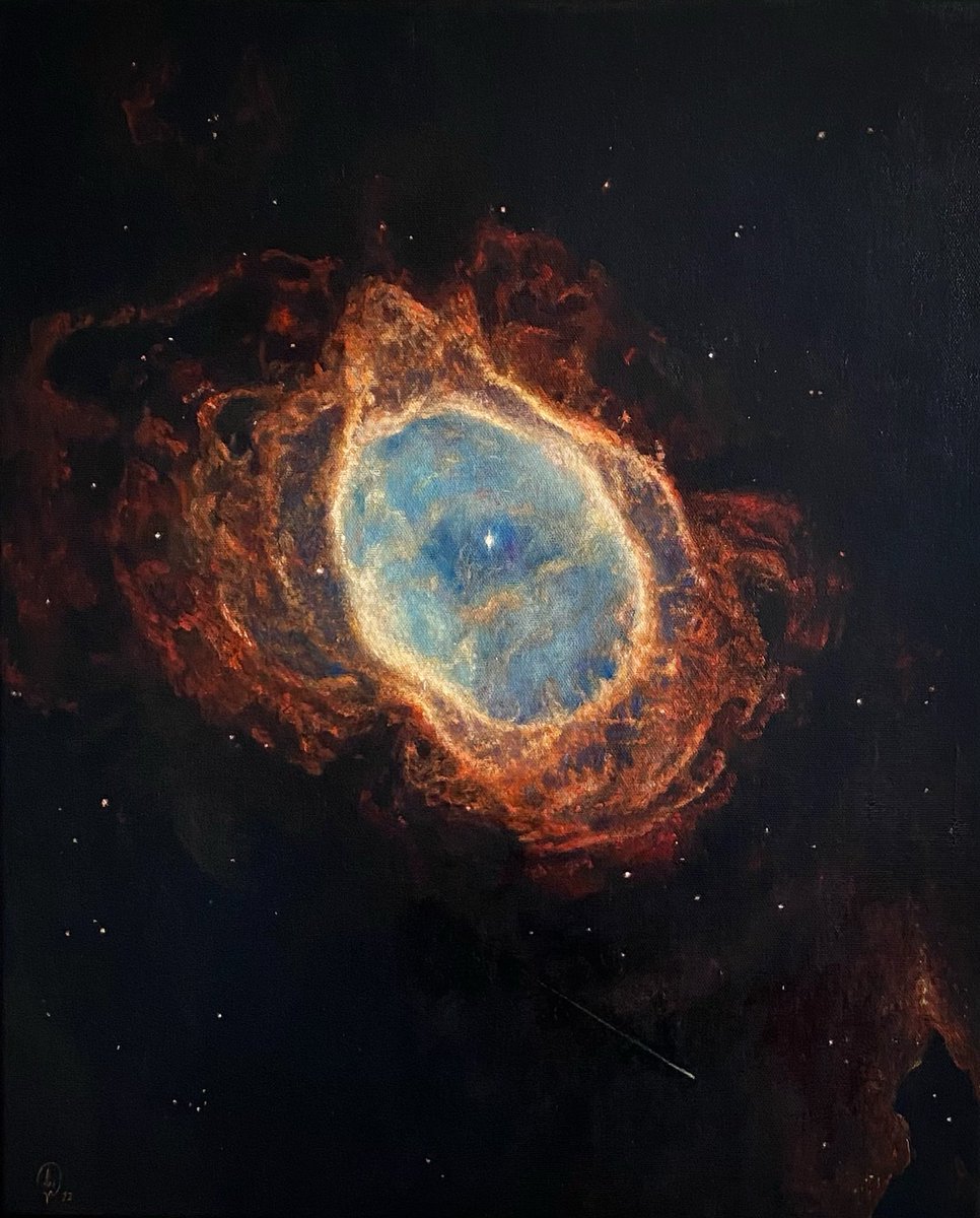 leviviller's tweet photo. Ooh, Sapien.. 
Why vanity?
Do you see Mother Star?
Your dust.. your beauty..
We came from you once,
And shall back again to thee!
.
.
‘Southern Ring Nebula’ oil on canvas, 50 x 40 cm
Didn’t have any idea I can do some poetry lol
#oilpainting #cosmos #science #art #stars #nasa https://t.co/EGHAymyDTN