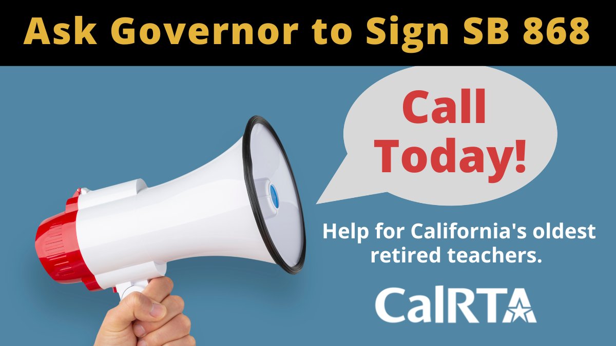 calrta4teachers's tweet photo. "Hot off the Press" ... CalRTA-sponsored SB 868 is headed to the Governor for his signature. This bill helps CA's oldest retired educators. Please call/write and let the Governor know this bill is a priority. - https://t.co/fe0CMvpxXW https://t.co/bwC9k3CmFF