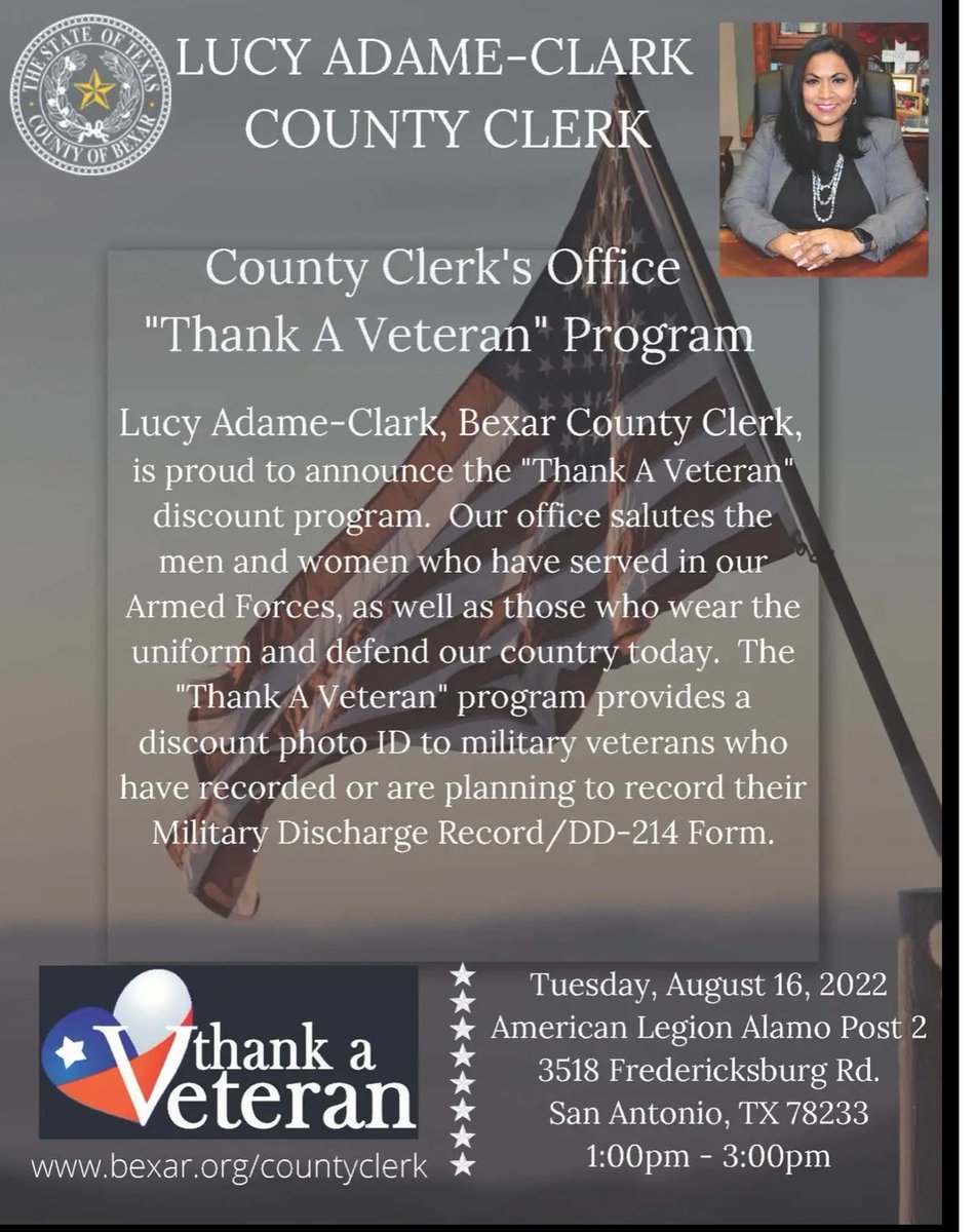 I’m proud to announce my office is going provide a discount photo ID to the men & women active and Veteran alike that have served who recorded or planning to record their DD214 forms at the County Clerk’s office. Thank you #Veterans of ⁦⁦@BexarCounty⁩ & ⁦@texasgov⁩