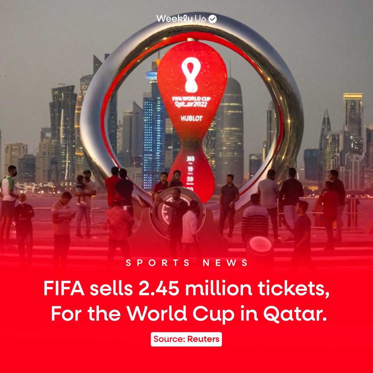 WeeklyUsLK's tweet photo. Announced on Thursday that organizers had sold 2.45 million tickets for this year's FIFA World Cup in Qatar.
https://t.co/DSk7qW6sE9

#FIFA22 #FIFAWorldCup #Qatar #Qatar2022 #WorldcupQatar2022 #Fifa #football #footballnews #sports #SportsNews https://t.co/oZr12RgBf1