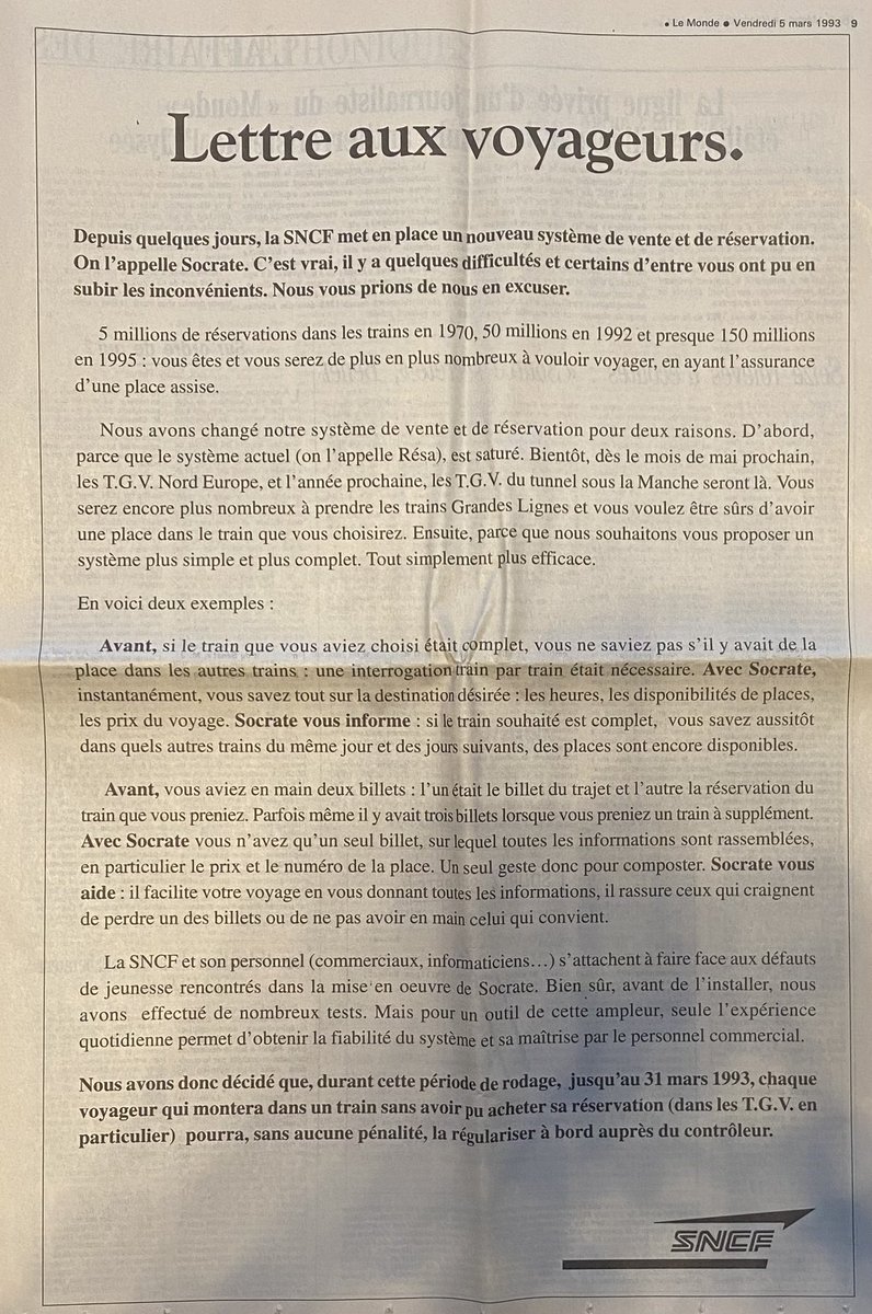 BenoitLCarrie's tweet photo. 29 ans plus tard et les problématiques sont toujours d’actualité @SNCF @SNCFConnect 
@lemondefr du 5 mars 1993
Le logiciel Socrate a été abandonné 10 ans après, en 2003. https://t.co/rCr55Zvbf2