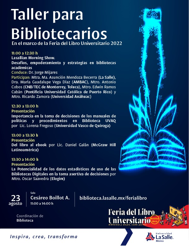 CNBMex's tweet photo. #CNBPresente✅ en el Taller para bibliotecarios en el Marco de la Feria del Libro Universitario 2022, participa el Vicepresidente del #CNB @joancofl @LaSalle_MX https://t.co/G1ooncJh8Q
