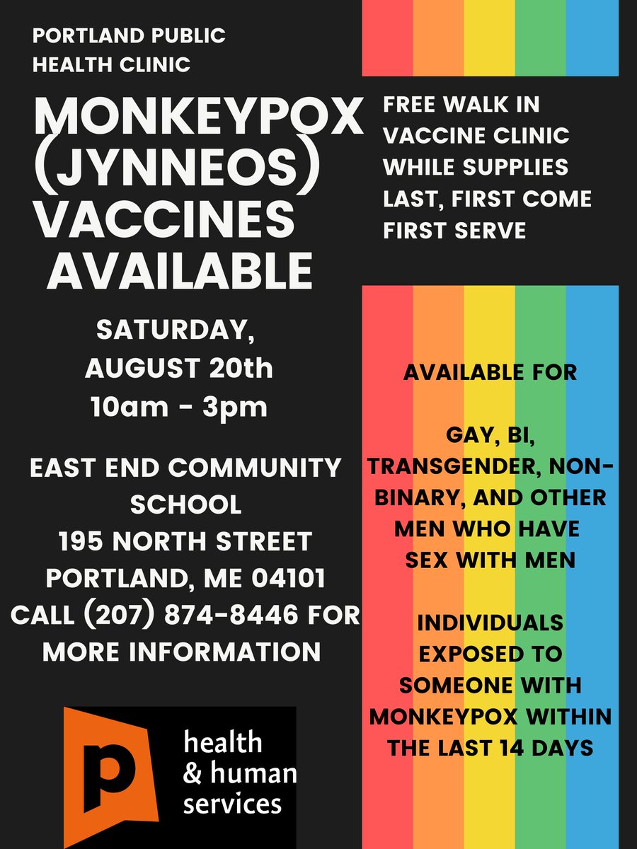 nirav_maine's tweet image. This Saturday, August 20, @CityPortland is hosting a #monkeypox #vaccine clinic from 10AM-3PM.  

They are offering a vaccine called Jynneos.

The vaccine is free and no appointment is needed.