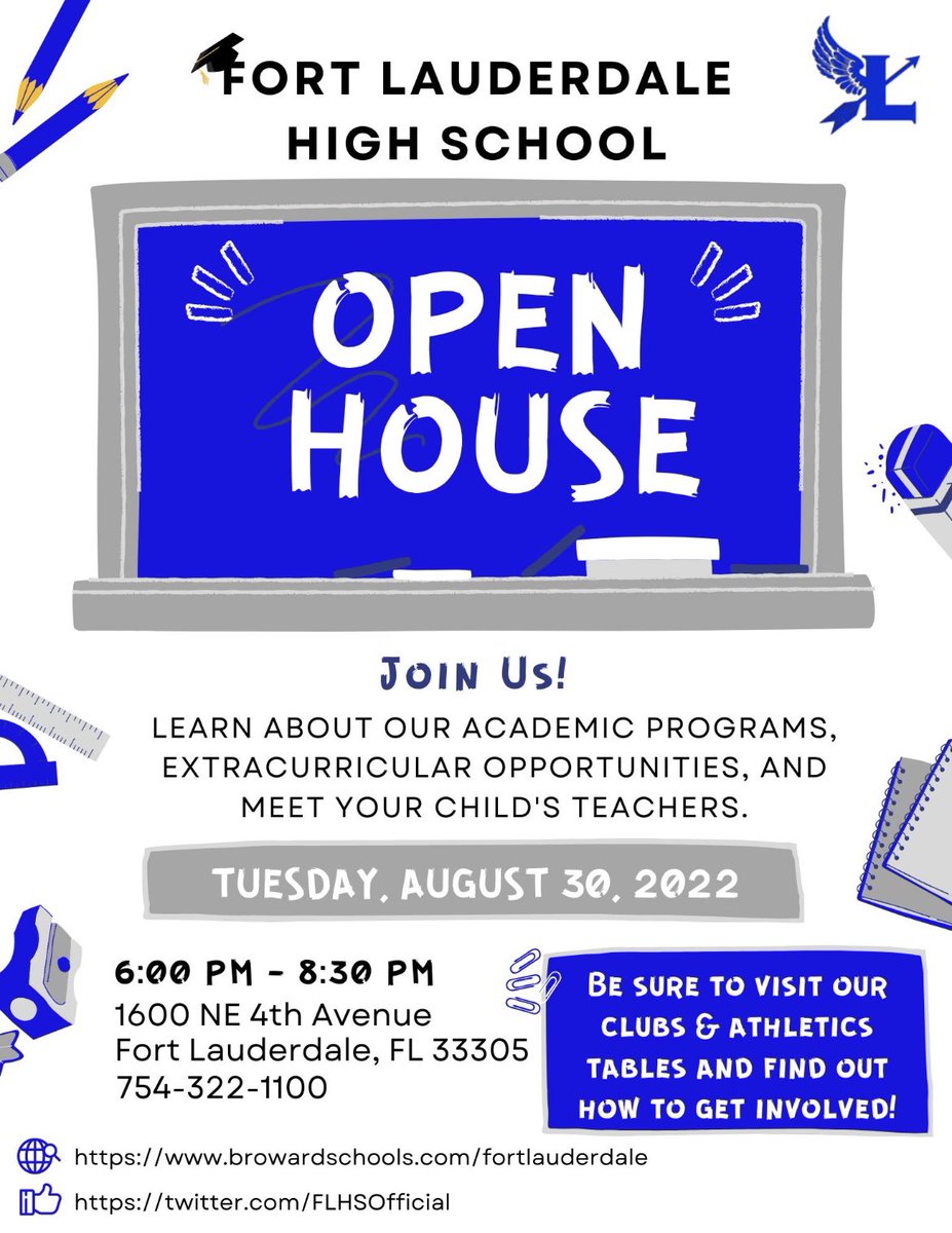 Attention parents!! Mark your calendars— Open House is coming up on August 30th. Please attend to stay involved in your child’s academic success 💙🎓It really makes all the difference!!! <a href="/FlhsOfficial/">Fort Lauderdale High School</a> <a href="/PtsaFlhs/">FLHS_PTSA</a>