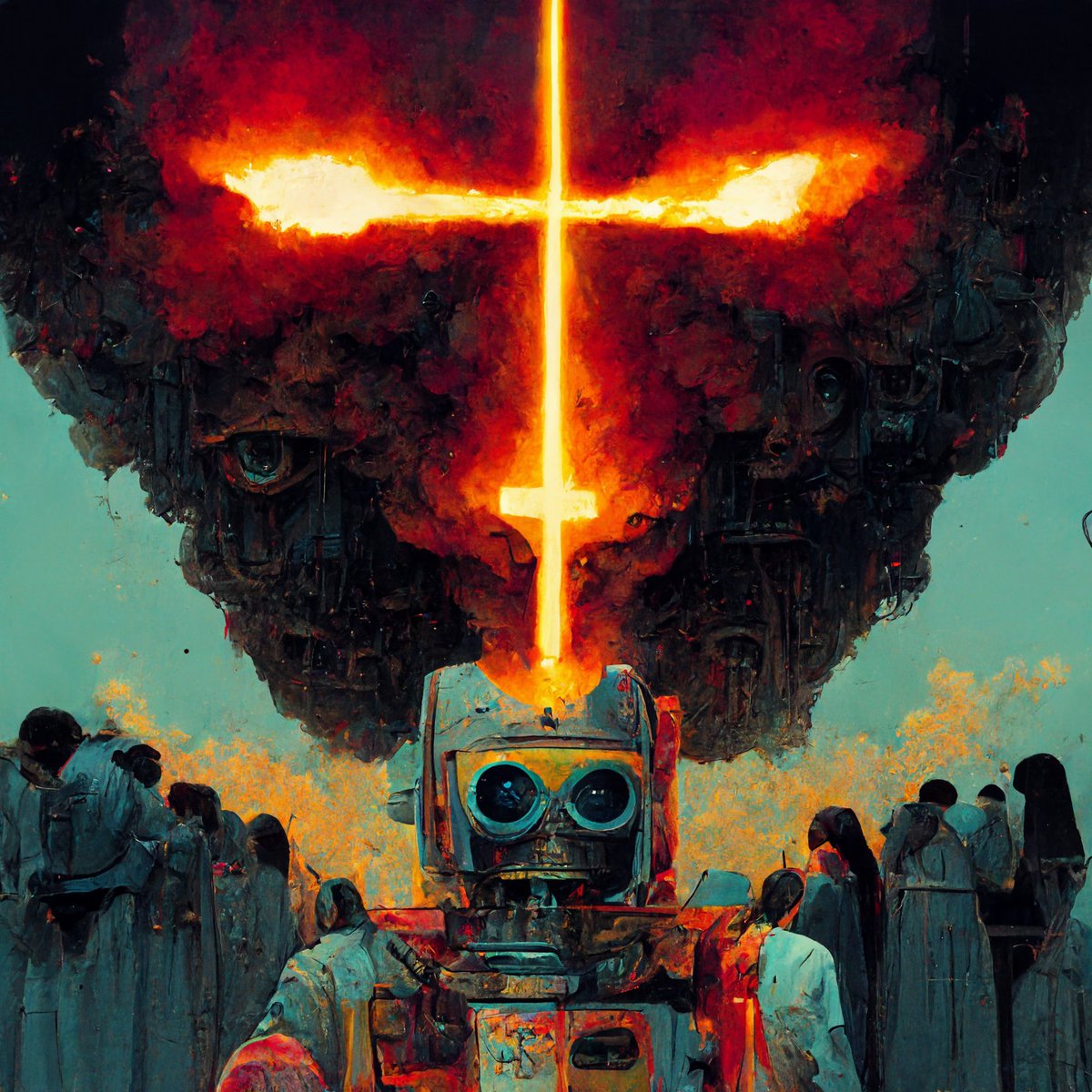 Galaxy9Graphics's tweet image. 'Salvation through Assimilation' 
a.i.-generated artwork