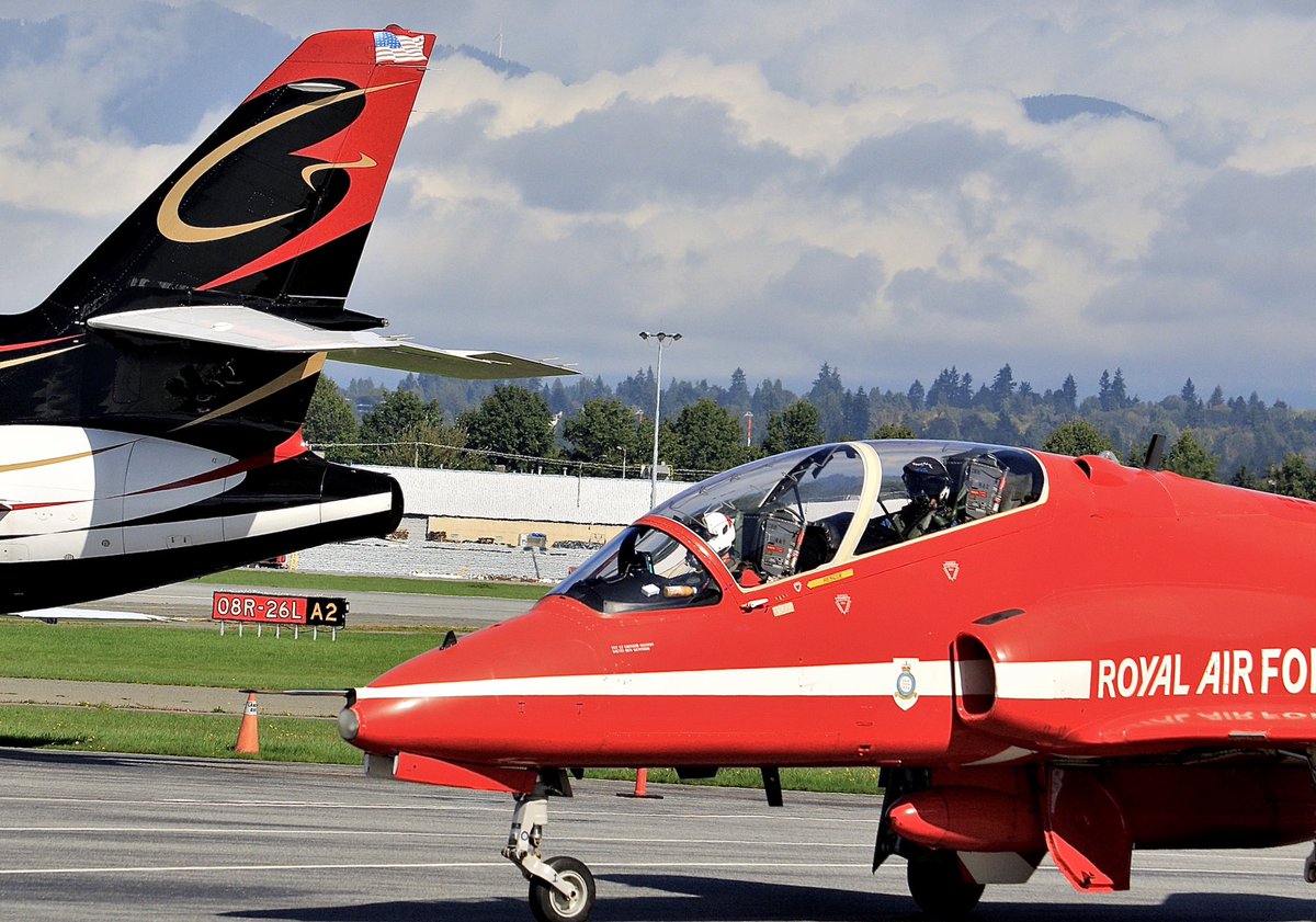 JGrunsell's tweet photo. Red Arrows North America tour visit to Vancouver. Awesome to meet the team. #RedArrows #RAF #YVR #hawkjet #militaryaviation @cvvhrn @DWHonan @jmrutl01 @USAS_WW1 @aerohistorian @Fiona75975939 @ilove_aviation @rafredarrows https://t.co/9I8C9qU9Ct